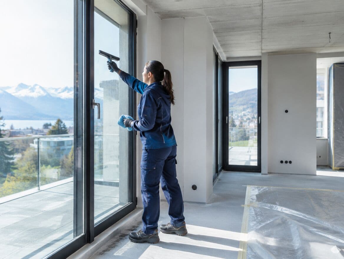 Baureinigung: Bauschlussreinigung der Fenster in einem Neubau