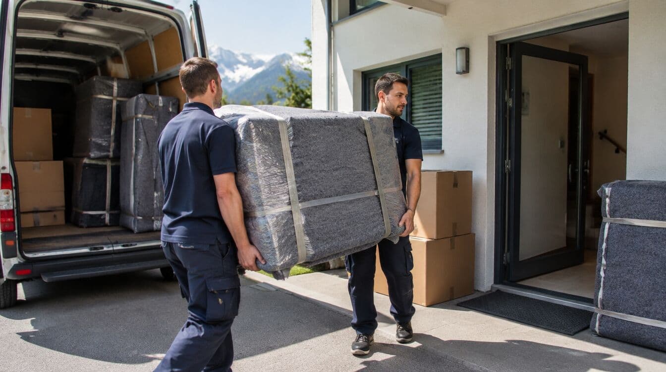 Umzug: Zügelmänner tragen verpackte Möbel aus dem Umzugswagen