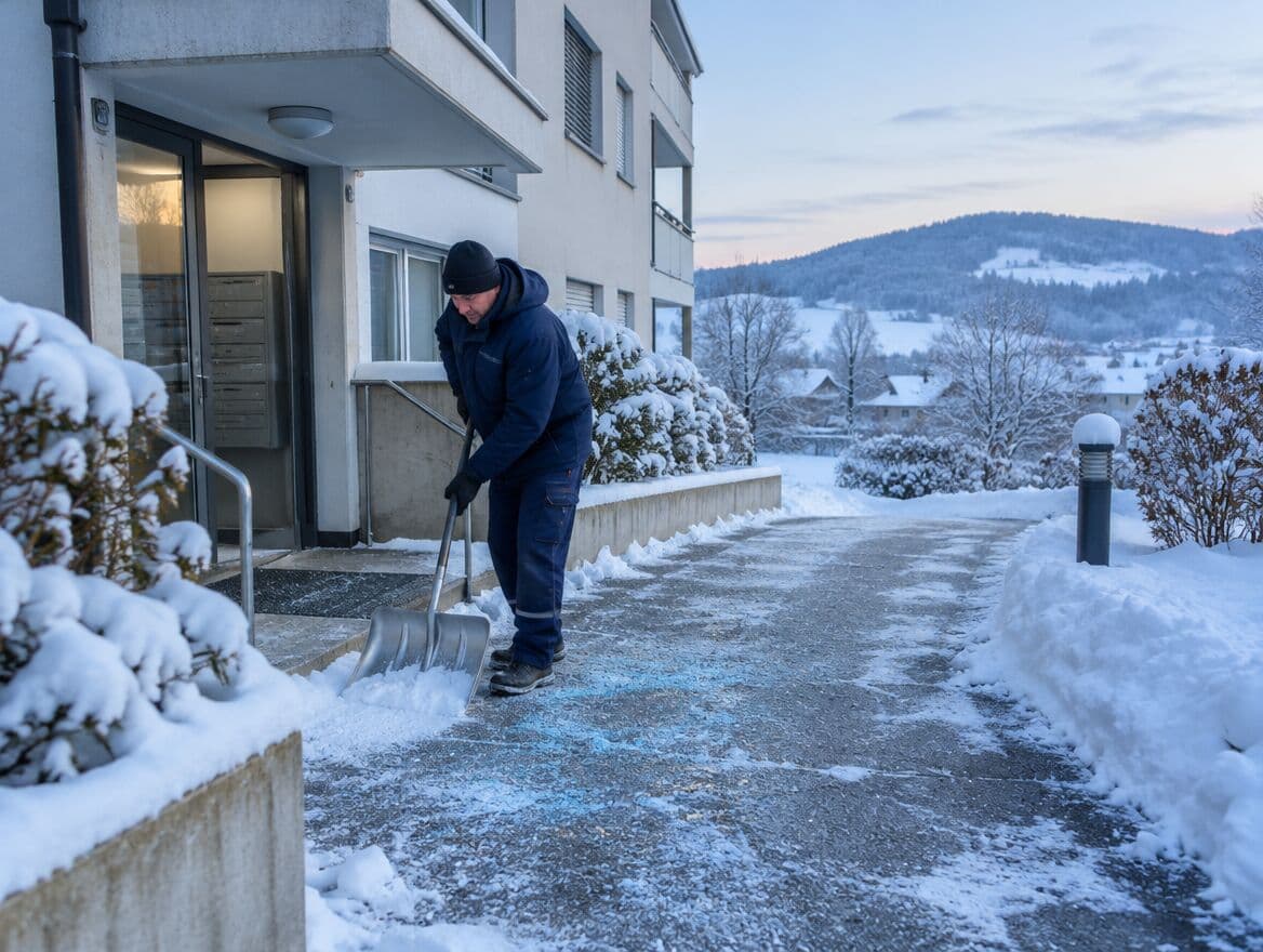 Winterdienst: Schneeräumung am Hauseingang eines Mehrfamilienhauses